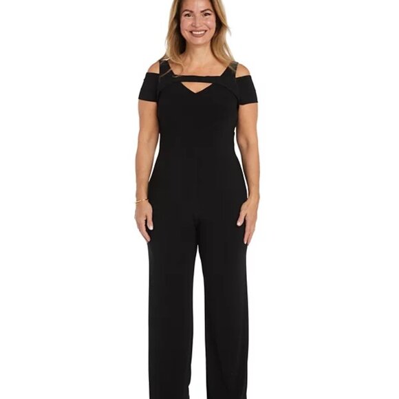 R & M Richards Cold-Shoulder Wide-Leg Jumpsuit Black - Picture 1 of 4